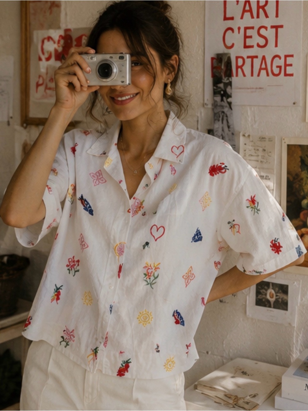 Caroline Constas Embroidered White Linen Blend Shirt Top Large L